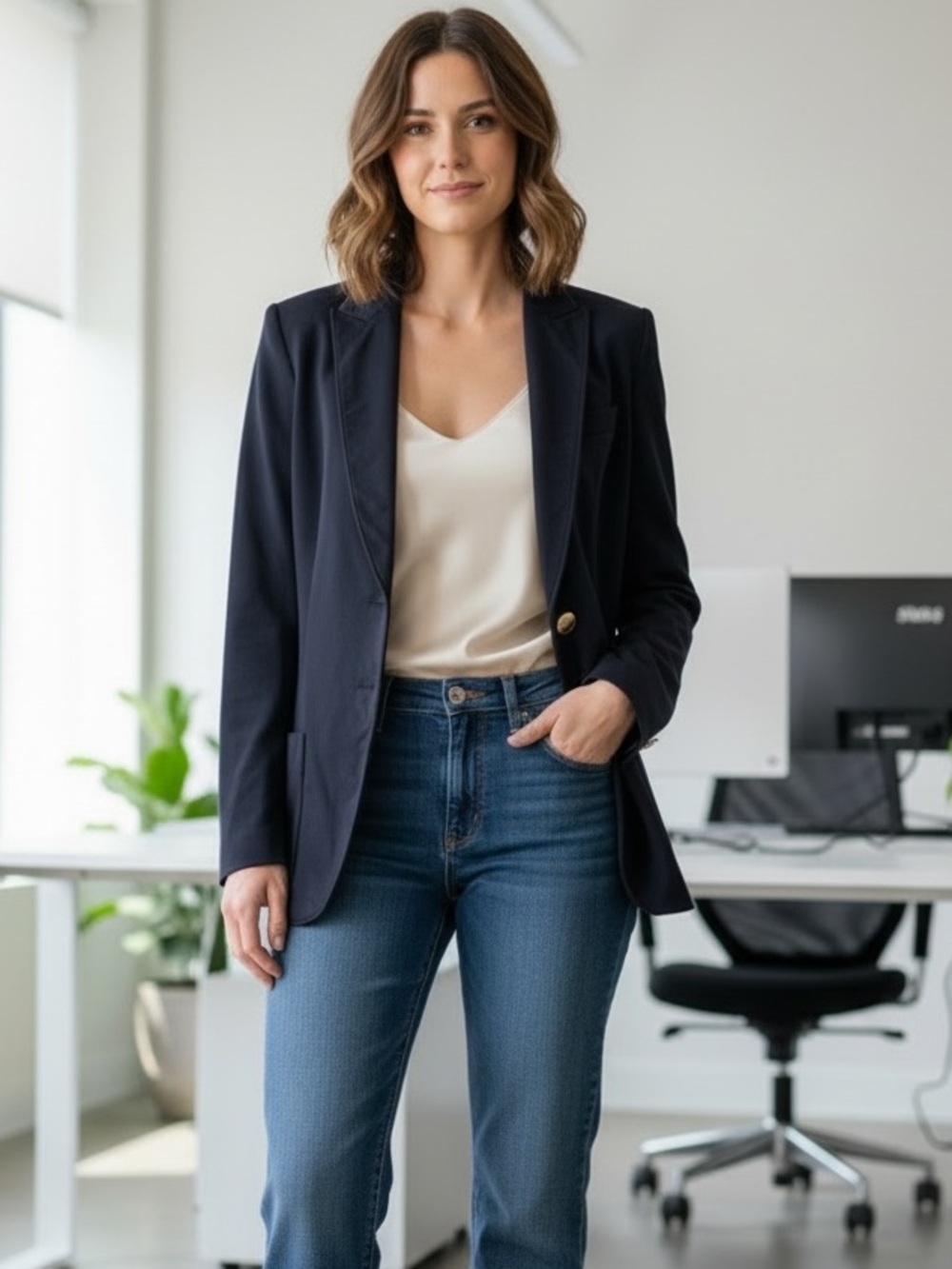 Sonia Bogner Navy Blue Blazer Jacket Women’s Size 10 Gold Logo Buttons Preppy